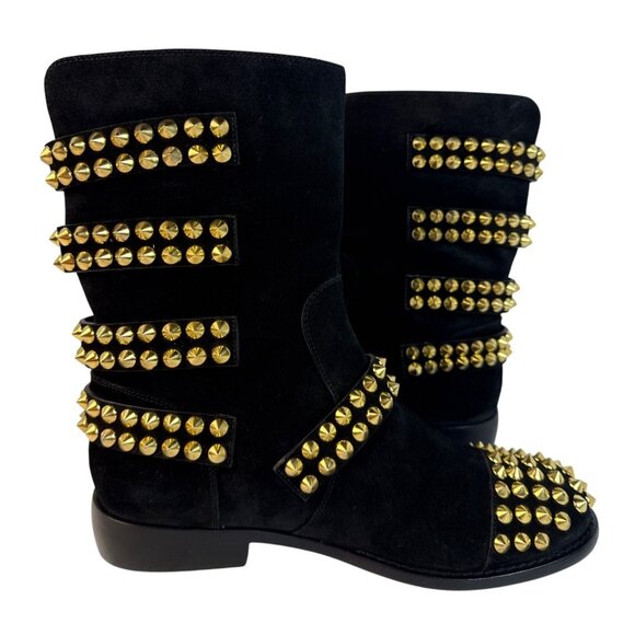 GIUSEPPE ZANOTTI BLACK SUEDE GOLD STUDDED BUCKLE BIKER Flat BOOTS SHOES SZ 40 - Picture 5 of 15